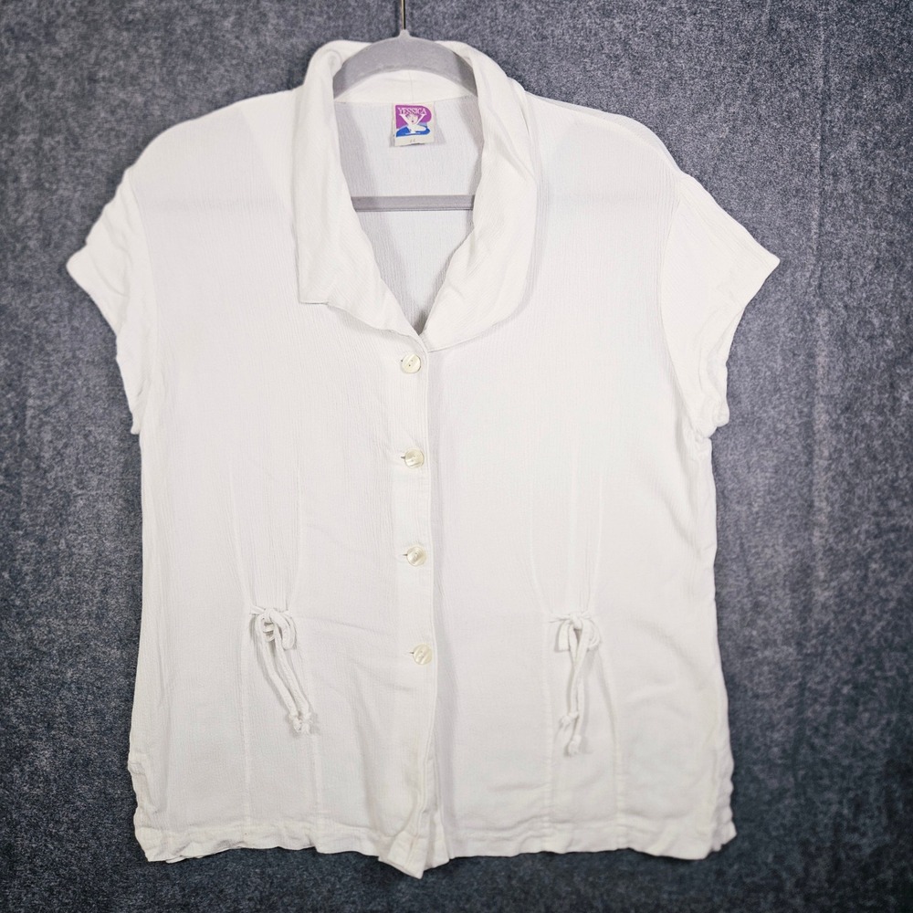 VTG Yessica Womens White Button Up Textured Bow Waist Blouse Retro Sz 44 READ